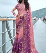 Pink & purple pure tissue silk heavy thread embroidery work on border with zari weaving saree with blouse