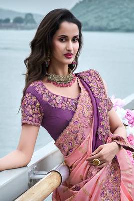 Pink & purple pure tissue silk heavy thread embroidery work on border with zari weaving saree with blouse 2