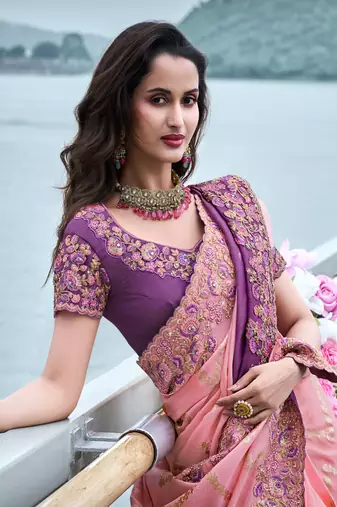 Pink & purple pure tissue silk heavy thread embroidery work on border with zari weaving saree with blouse