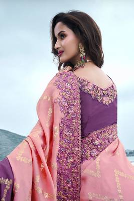 Pink & purple pure tissue silk heavy thread embroidery work on border with zari weaving saree with blouse 3