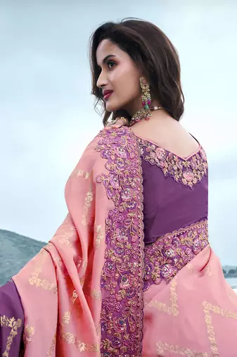 Pink & purple pure tissue silk heavy thread embroidery work on border with zari weaving saree with blouse