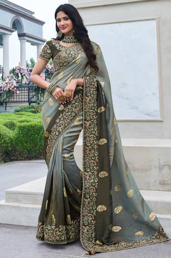 Grey & mehendi pure tissue silk heavy thread embroidery work on border with zari weaving saree with blouse