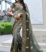 Grey & mehendi pure tissue silk heavy thread embroidery work on border with zari weaving saree with blouse