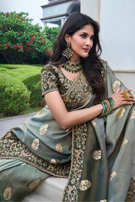 Grey & mehendi pure tissue silk heavy thread embroidery work on border with zari weaving saree with blouse 2