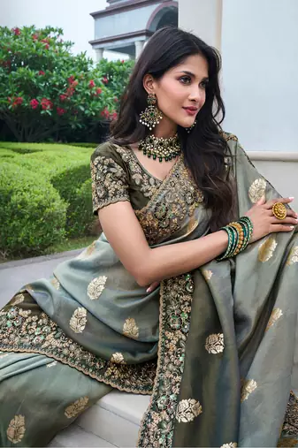 Grey & mehendi pure tissue silk heavy thread embroidery work on border with zari weaving saree with blouse