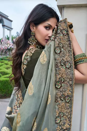 Grey & mehendi pure tissue silk heavy thread embroidery work on border with zari weaving saree with blouse
