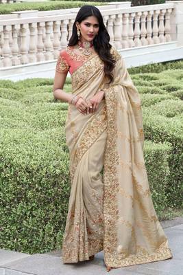 Cream pure tissue silk heavy thread embroidery work on border with zari weaving saree with blouse 2