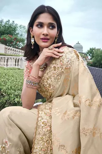 Cream pure tissue silk heavy thread embroidery work on border with zari weaving saree with blouse