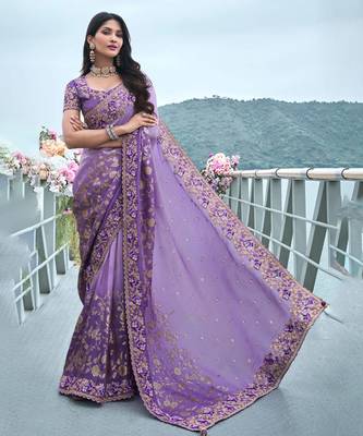 Violet pure tissue silk heavy thread embroidery work on border with zari weaving saree with blouse 1
