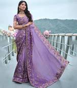 Violet pure tissue silk heavy thread embroidery work on border with zari weaving saree with blouse