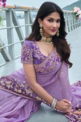 Violet pure tissue silk heavy thread embroidery work on border with zari weaving saree with blouse 2