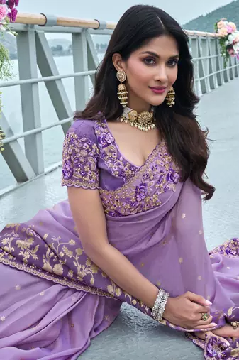 Violet pure tissue silk heavy thread embroidery work on border with zari weaving saree with blouse