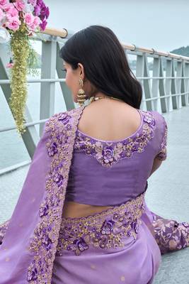 Violet pure tissue silk heavy thread embroidery work on border with zari weaving saree with blouse 3