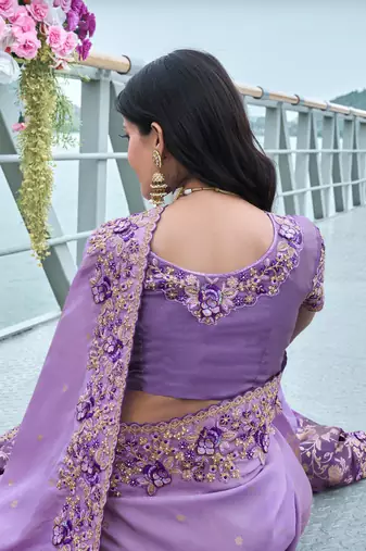 Violet pure tissue silk heavy thread embroidery work on border with zari weaving saree with blouse