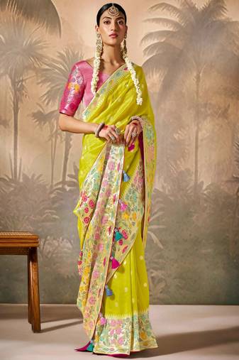 Lemon silk jacquard woven saree with blouse