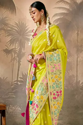 Lemon silk jacquard woven saree with blouse