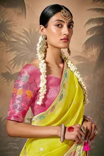 Lemon silk jacquard woven saree with blouse