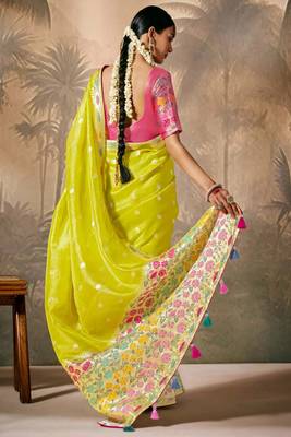 Lemon silk jacquard woven saree with blouse 4