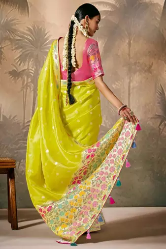 Lemon silk jacquard woven saree with blouse
