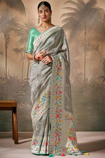 Grey silk jacquard woven saree with blouse