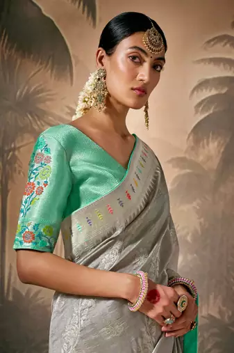 Grey silk jacquard woven saree with blouse