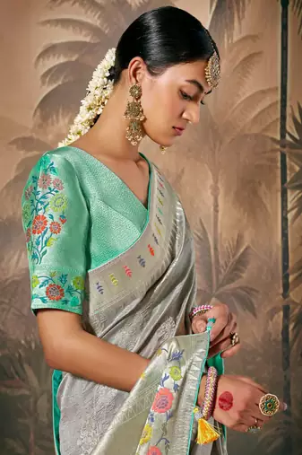 Grey silk jacquard woven saree with blouse