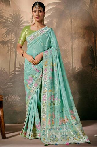 Turquoise silk jacquard woven saree with blouse