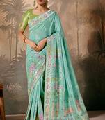 Turquoise silk jacquard woven saree with blouse