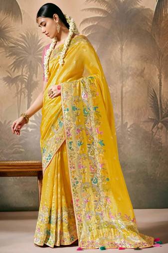 Mustard silk jacquard woven saree with blouse