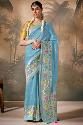 Sky blue silk jacquard woven saree with blouse 1
