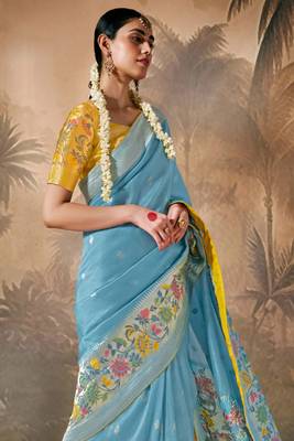 Sky blue silk jacquard woven saree with blouse 2