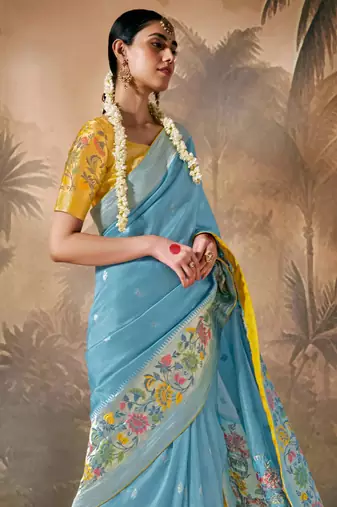 Sky blue silk jacquard woven saree with blouse