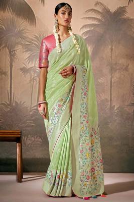 Pista green silk jacquard woven saree with blouse 1