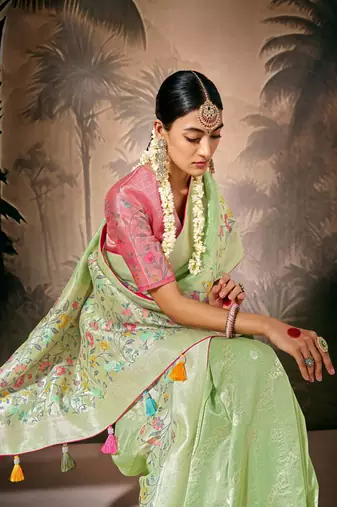 Pista green silk jacquard woven saree with blouse