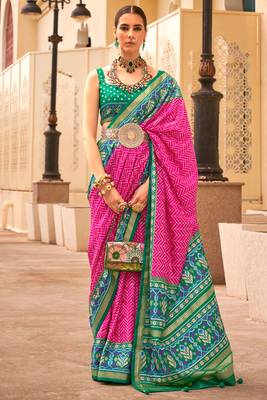 Rani pink silk digital patola print saree with blouse 1