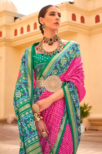 Rani pink silk digital patola print saree with blouse