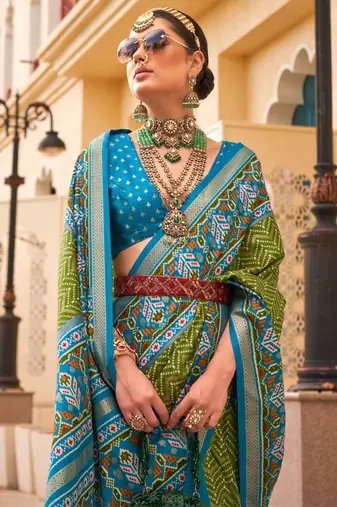 Mehendi silk digital patola print saree with blouse