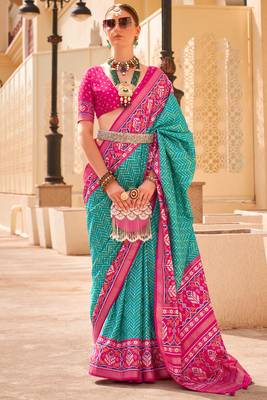 Sky blue silk digital patola print saree with blouse 1