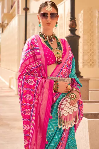 Sky blue silk digital patola print saree with blouse