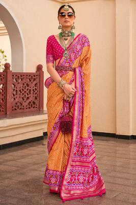 Orange silk digital patola print saree with blouse 1