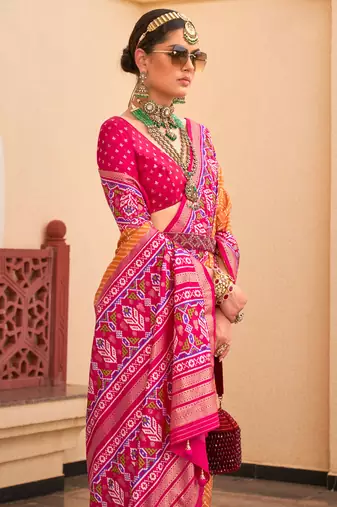 Orange silk digital patola print saree with blouse