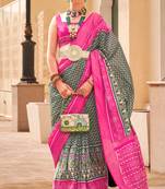 Grey silk digital patola print saree with blouse