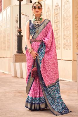 Pink silk digital patola print saree with blouse 1