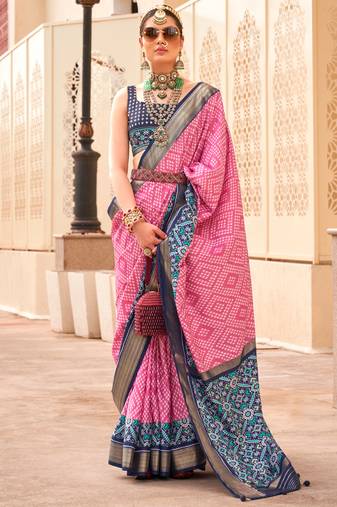 Pink silk digital patola print saree with blouse