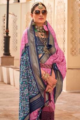 Pink silk digital patola print saree with blouse 2