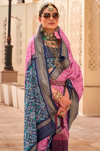 Pink silk digital patola print saree with blouse