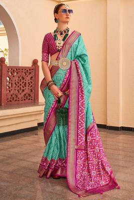 Sea green silk digital patola print saree with blouse 1