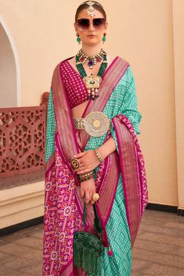 Sea green silk digital patola print saree with blouse 2