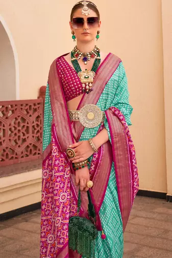 Sea green silk digital patola print saree with blouse