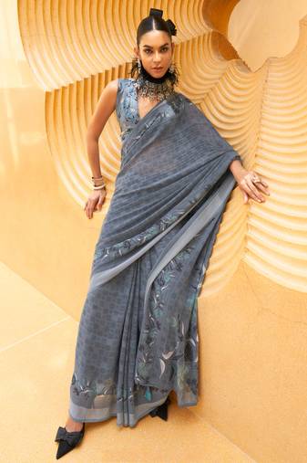 Grey silk georgette printed saree with blouse